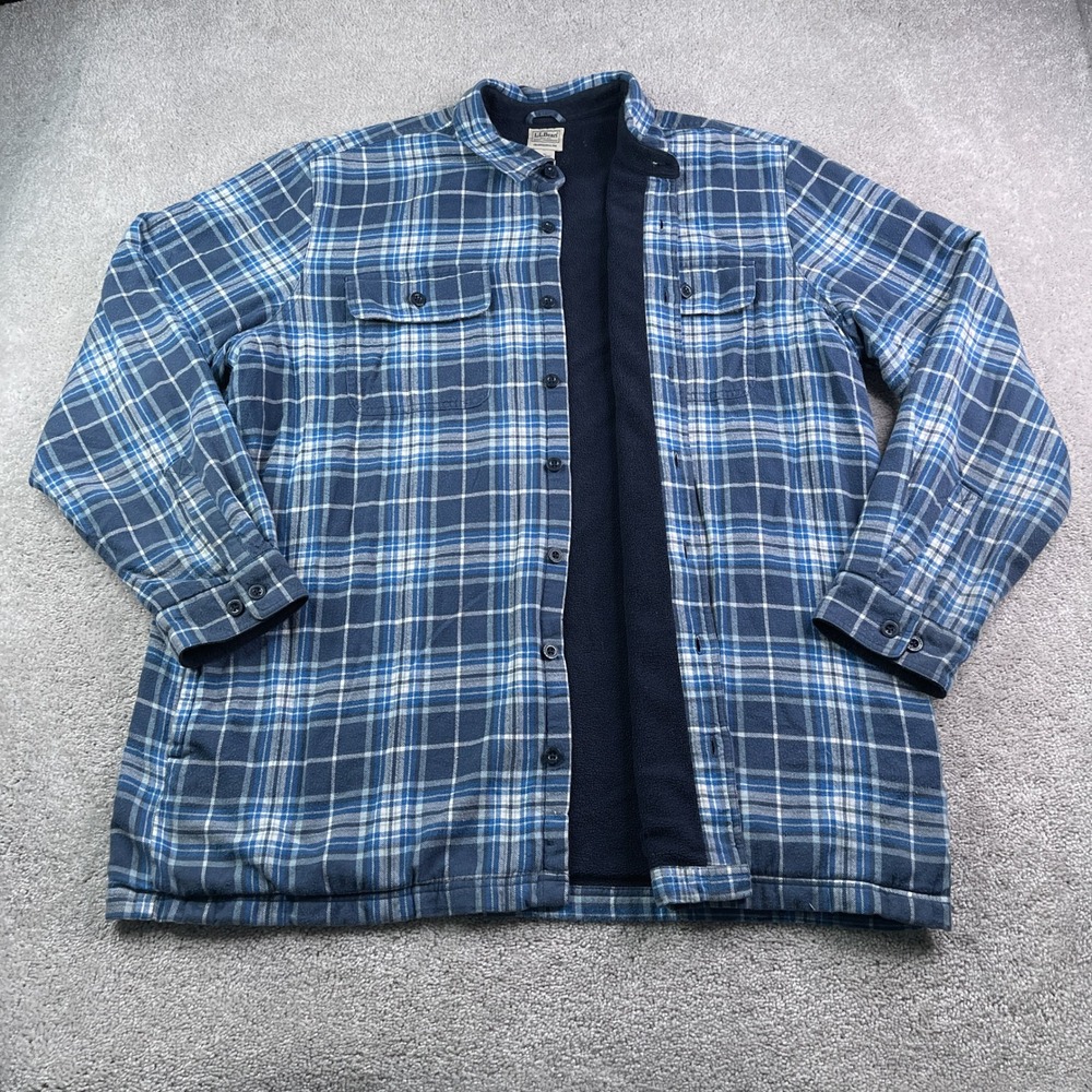 LL Bean Shirt Jacket Mens XXL Tall Blue Plaid Fleece Lined Flannel Chore Shacket